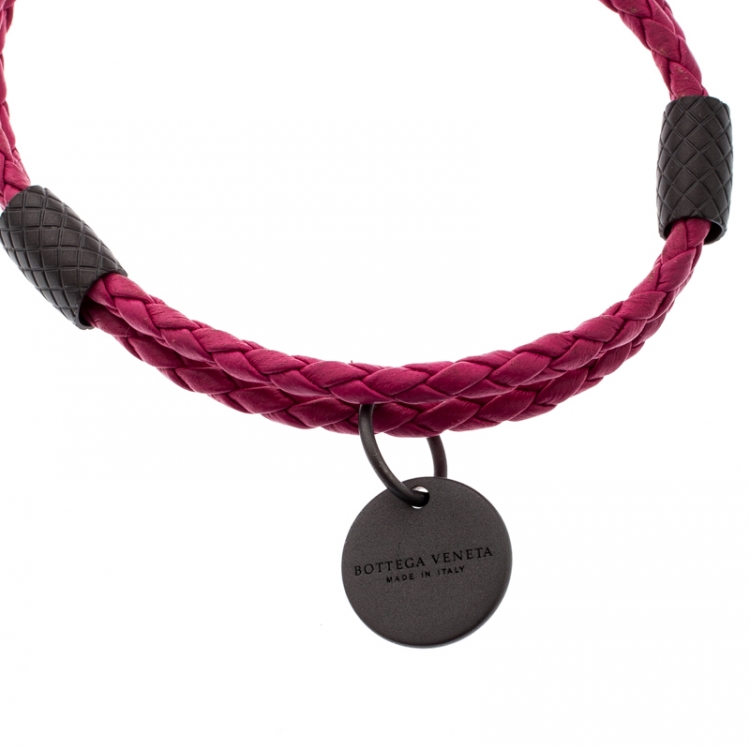 Pre Owned Bottega Veneta Intrecciato Pink Woven Leather Adjustable Double Strand Bracelet 