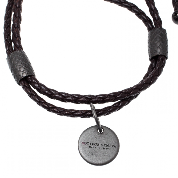 Pre Owned Bottega Veneta Intrecciato Brown Woven Leather Adjustable Double Strand Bracelet 