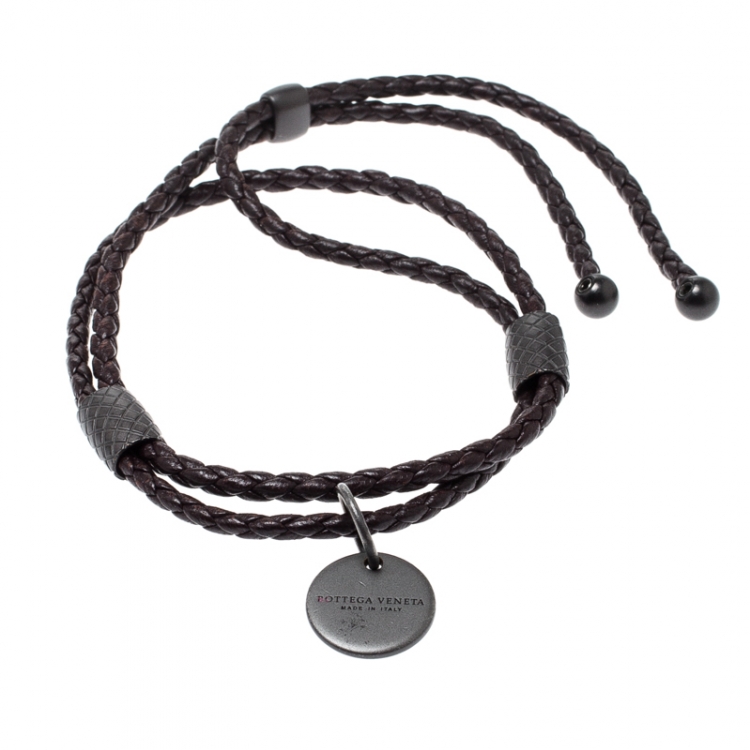 Pre Owned Bottega Veneta Intrecciato Brown Woven Leather Adjustable Double Strand Bracelet 