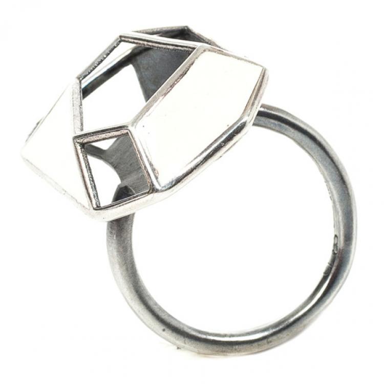 Pre Owned Bottega Veneta Silver White Enamel Ring Size 53