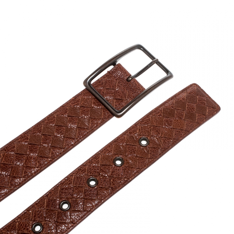 Pre Owned Bottega Veneta Bronze Intrecciato Leather Buckle Belt 80CM