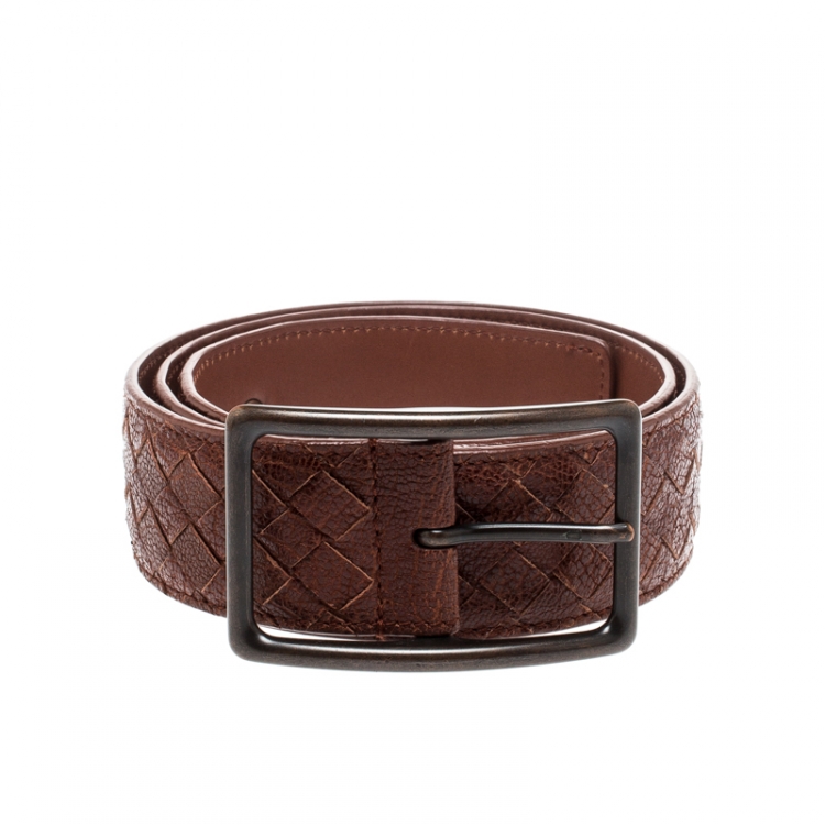 Pre Owned Bottega Veneta Bronze Intrecciato Leather Buckle Belt 80CM