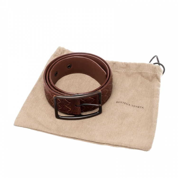 Pre Owned Bottega Veneta Bronze Intrecciato Leather Buckle Belt 80CM