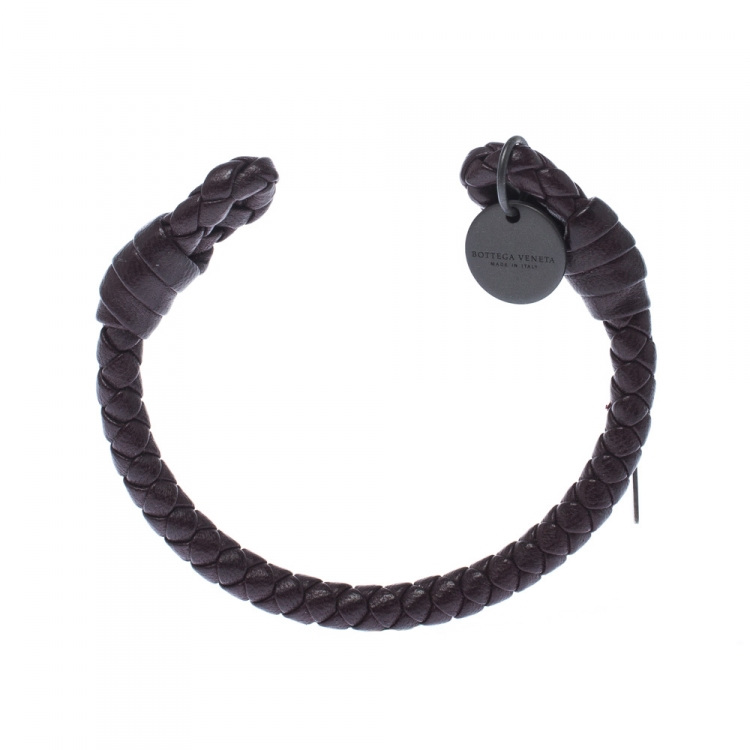 Pre Owned Bottega Veneta Intrecciato Nappa Brown Open Cuff Leather Bracelet S