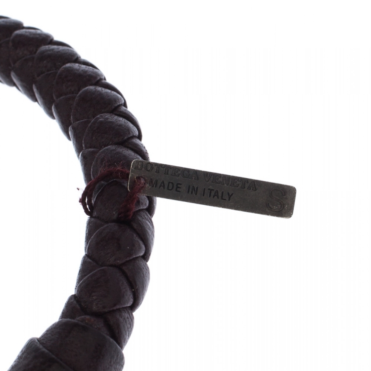 Pre Owned Bottega Veneta Intrecciato Nappa Brown Open Cuff Leather Bracelet S