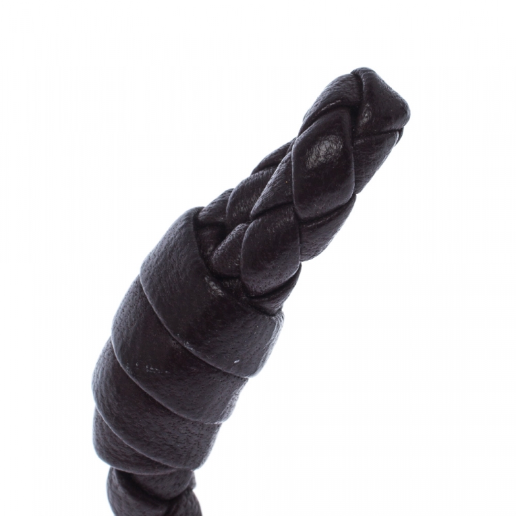 Pre Owned Bottega Veneta Intrecciato Nappa Brown Open Cuff Leather Bracelet S