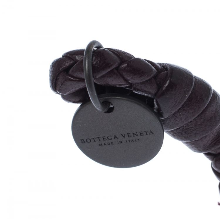 Pre Owned Bottega Veneta Intrecciato Nappa Brown Open Cuff Leather Bracelet S
