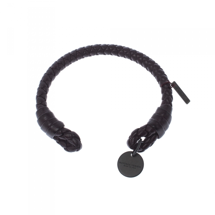 Pre Owned Bottega Veneta Intrecciato Nappa Brown Open Cuff Leather Bracelet S