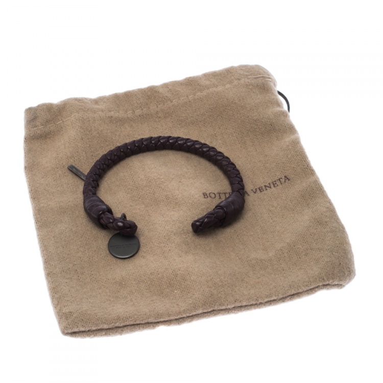 Pre Owned Bottega Veneta Intrecciato Nappa Brown Open Cuff Leather Bracelet S