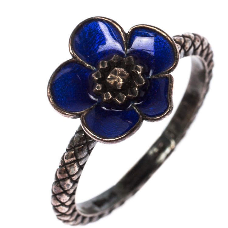 Pre Owned Bottega Veneta Blue Enamel Silver Flower Ring Size 57