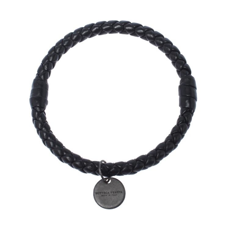 Pre Owned Bottega Veneta Black Intrecciato Woven Leather Bangle Bracelet 