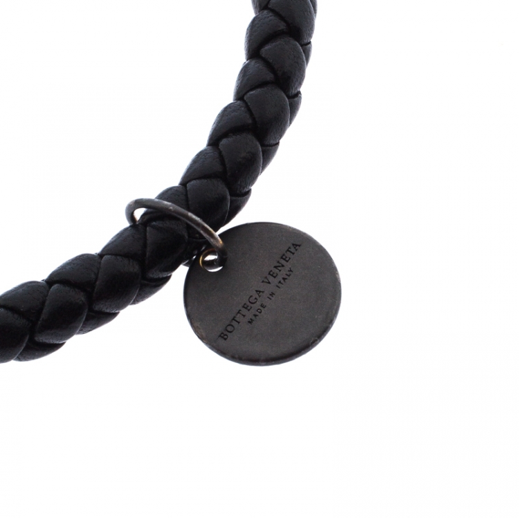 Pre Owned Bottega Veneta Black Intrecciato Woven Leather Bangle Bracelet 