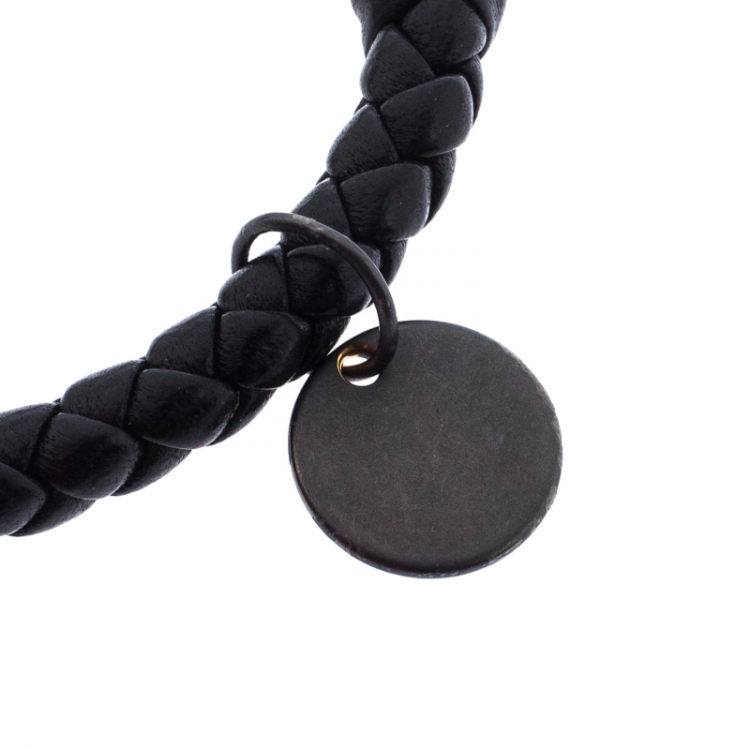 Pre Owned Bottega Veneta Black Intrecciato Woven Leather Bangle Bracelet 