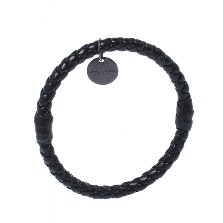 Pre Owned Bottega Veneta Black Intrecciato Woven Leather Bangle Bracelet 