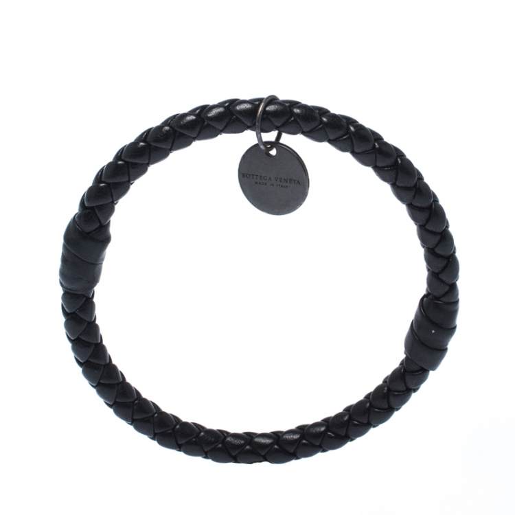 Pre Owned Bottega Veneta Black Intrecciato Woven Leather Bangle Bracelet 