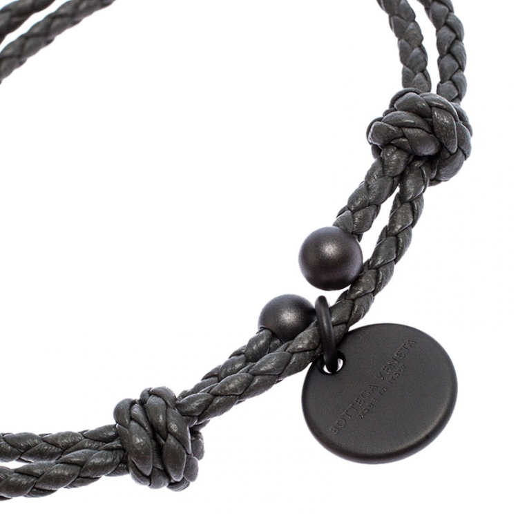 Pre Owned Bottega Veneta Dark Grey Intrecciato Leather Double Band Bracelet