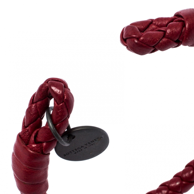 Pre Owned Bottega Veneta Intrecciato Red Nappa Leather Open Cuff Bracelet S