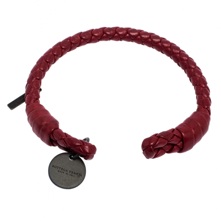 Pre Owned Bottega Veneta Intrecciato Red Nappa Leather Open Cuff Bracelet S