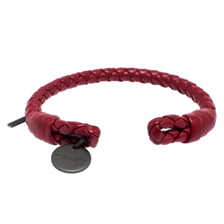 Pre Owned Bottega Veneta Intrecciato Red Nappa Leather Open Cuff Bracelet S
