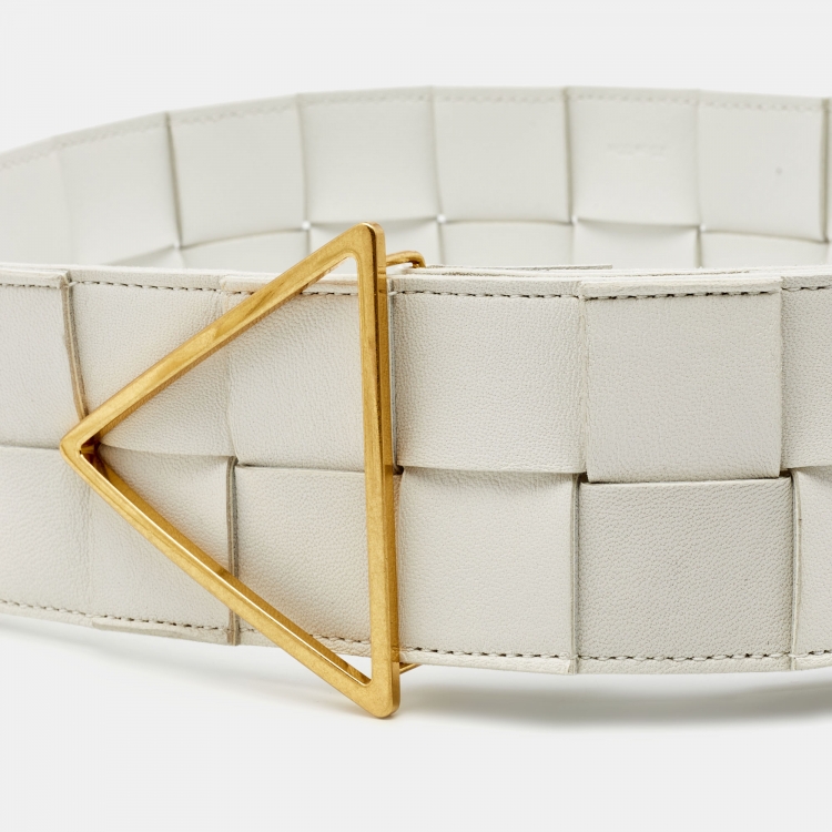Pre Owned Bottega Veneta White Intrecciato Leather Triangle Wide Belt 75CM