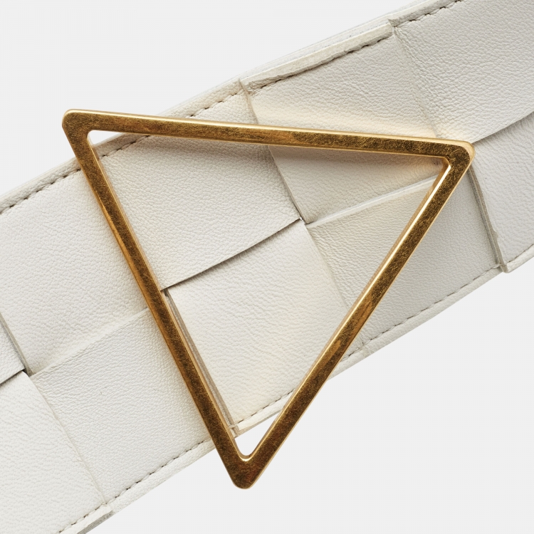 Pre Owned Bottega Veneta White Intrecciato Leather Triangle Wide Belt 75CM