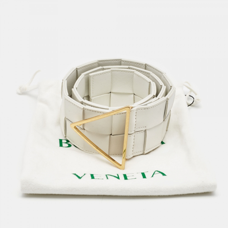Pre Owned Bottega Veneta White Intrecciato Leather Triangle Wide Belt 75CM