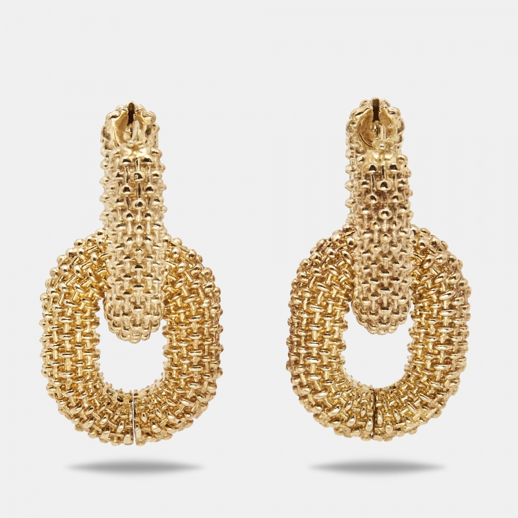Pre Owned Bottega Veneta Double Hoop Gold Tone Drop Earrings