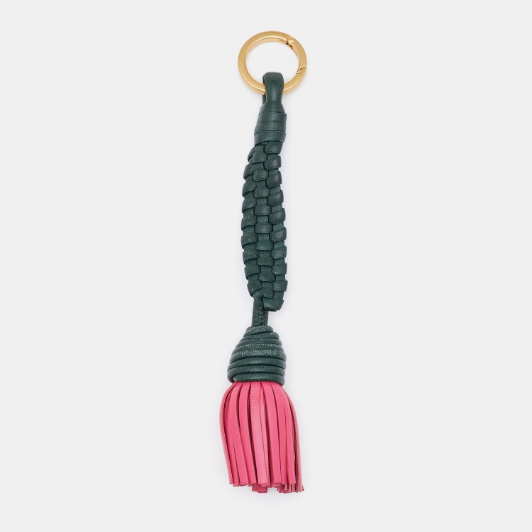 Pre Owned Bottega Veneta Green/Pink Intrecciato Leather Key Chain