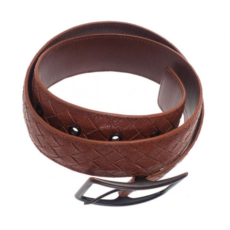 Pre Owned Bottega Veneta Brown Intrecciato Leather Belt 90CM