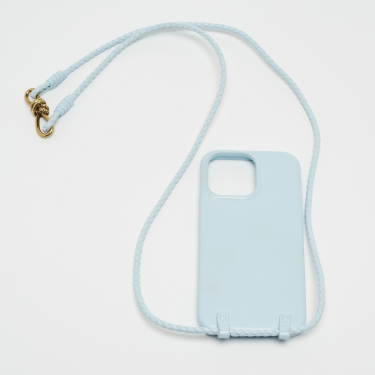 Pre Owned Bottega Veneta Light Blue Leather iPhone 14 Pro Max Andiamo Strap Case