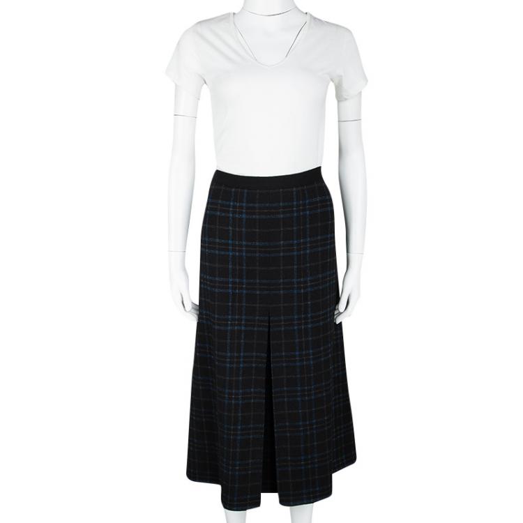 Pre Owned Bottega Veneta Fall'16 RTW Black Wool Metallic Plaid Pleated Midi Skirt L