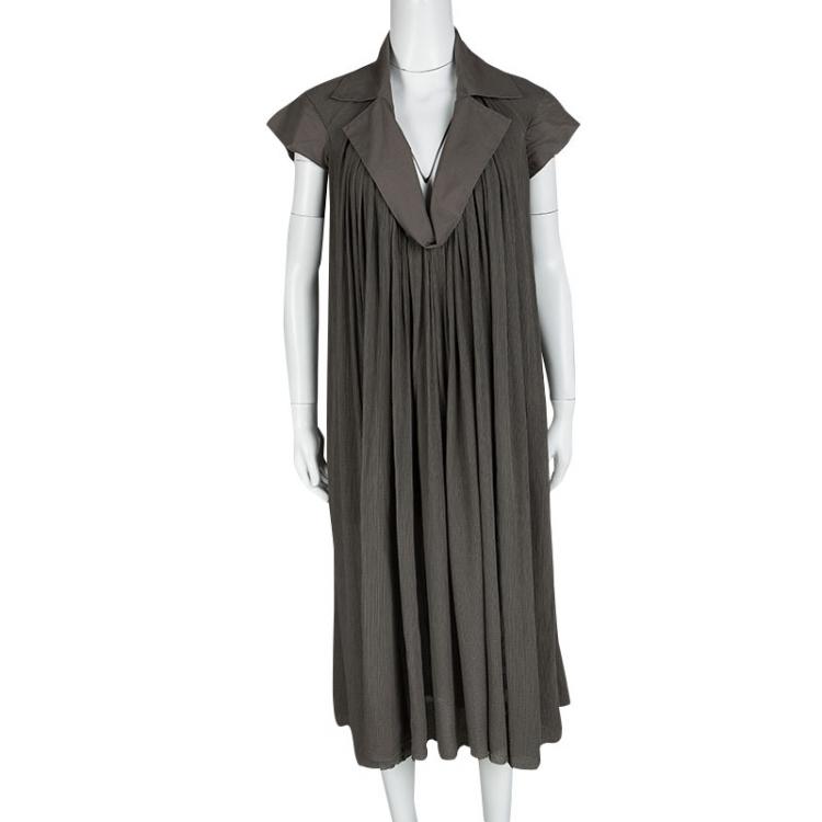Pre Owned Bottega Veneta Grey Draped Collar Detail Crinkled Dress S