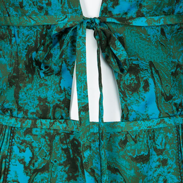 Pre Owned Bottega Veneta Blue and Green Printed Plisse Tie Detail Sleeveless Dress M