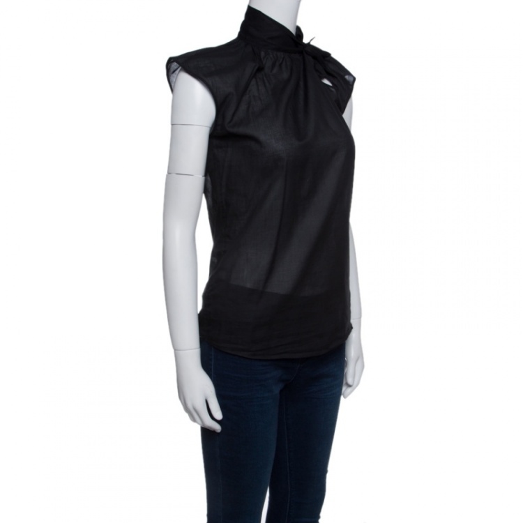 Pre Owned Bottega Veneta Black Sheer Cotton Neck Tie Detail Sleeveless Top S