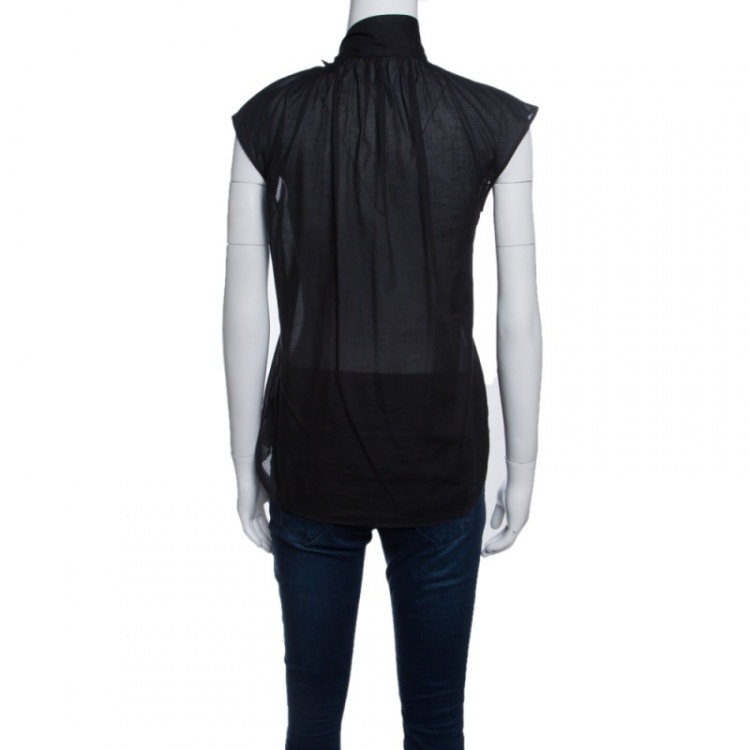 Pre Owned Bottega Veneta Black Sheer Cotton Neck Tie Detail Sleeveless Top S