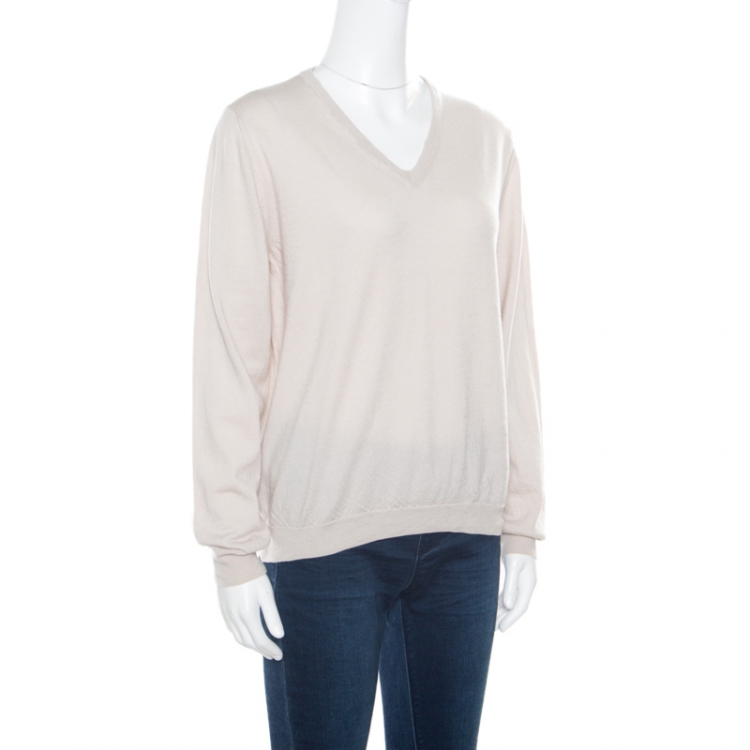 Pre Owned Bottega Veneta Cream Textured Wool V-Neck Sweater XL