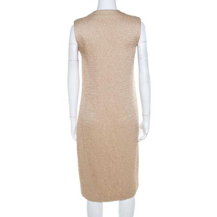 Pre Owned Bottega Veneta Beige Textured Wool Sleeveless Shift Dress S 