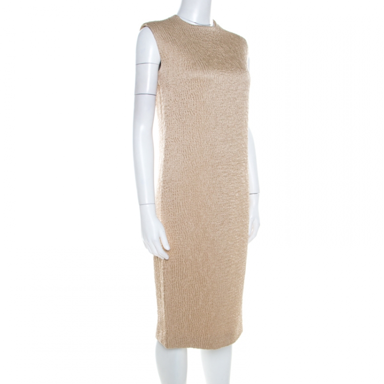 Pre Owned Bottega Veneta Beige Textured Wool Sleeveless Shift Dress S 