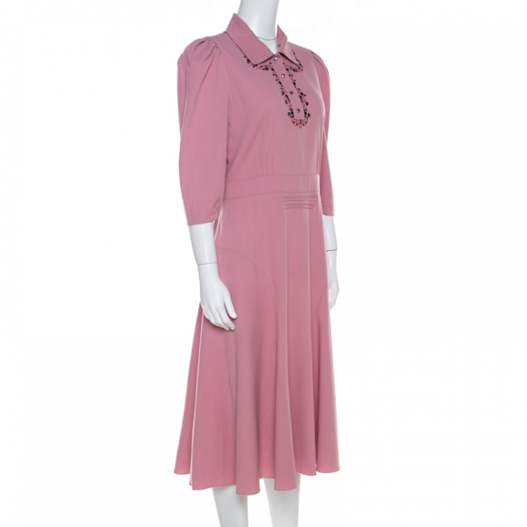 Pre Owned Bottega Veneta Dusty Rose Boudoir Wool Studded Detail Fit and Flare Dress M