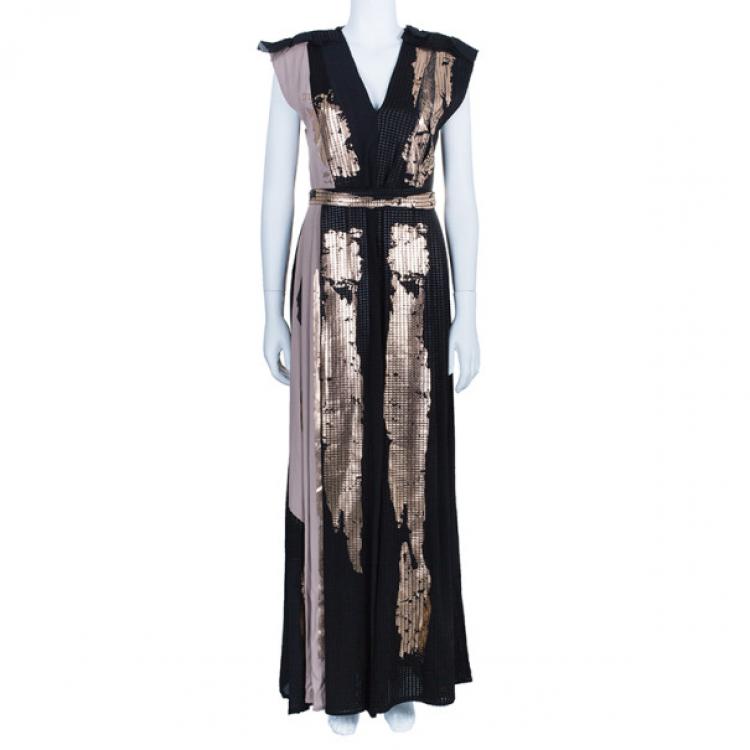 Pre Owned Bottega Veneta Metallic Chiffon and Georgette Gown S