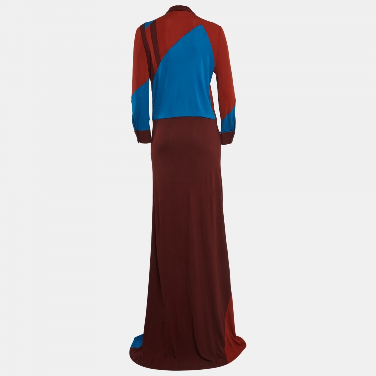 Pre Owned Bottega Veneta Brown/Blue Patch Work Jersey Buttoned Maxi Dress M
