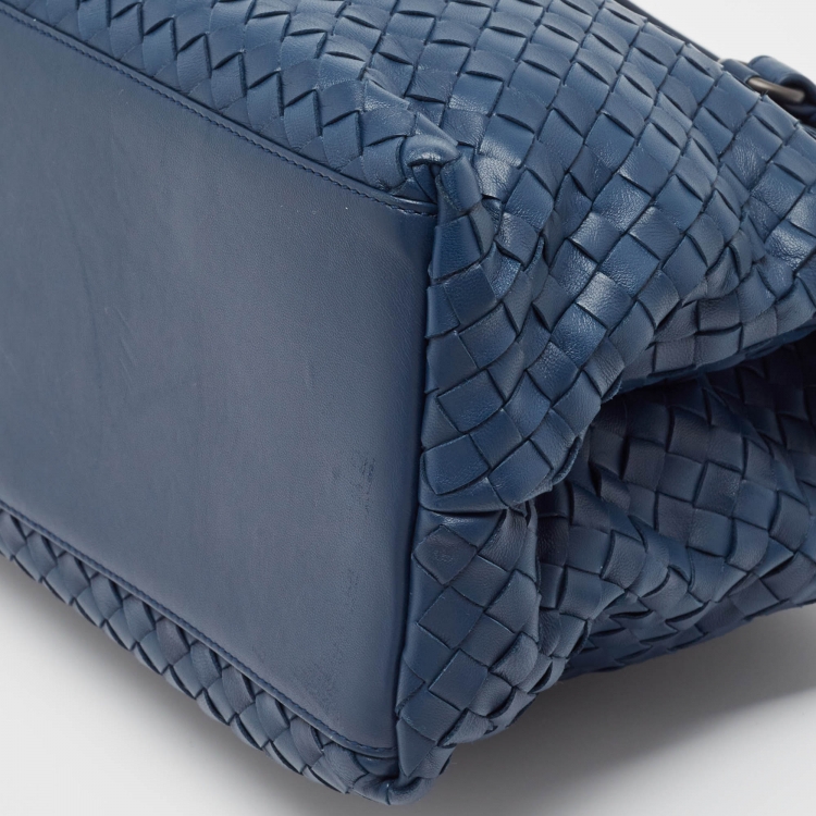 Pre Owned Bottega Veneta Navy Blue Intrecciato Leather Double Zip Tote