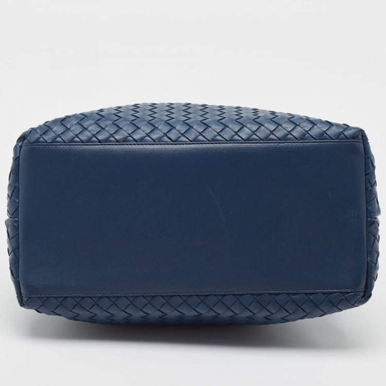 Pre Owned Bottega Veneta Navy Blue Intrecciato Leather Double Zip Tote