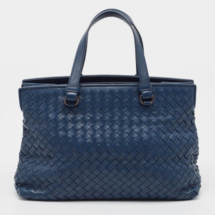 Pre Owned Bottega Veneta Navy Blue Intrecciato Leather Double Zip Tote