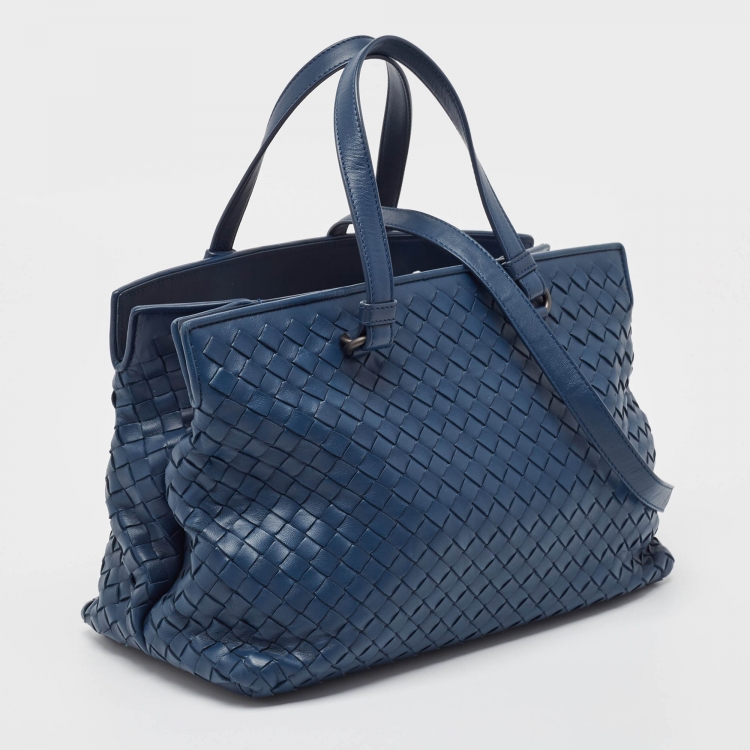 Pre Owned Bottega Veneta Navy Blue Intrecciato Leather Double Zip Tote