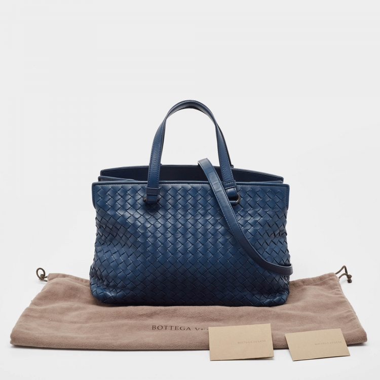 Pre Owned Bottega Veneta Navy Blue Intrecciato Leather Double Zip Tote