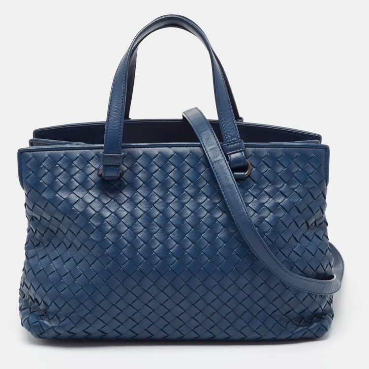 Pre Owned Bottega Veneta Navy Blue Intrecciato Leather Double Zip Tote
