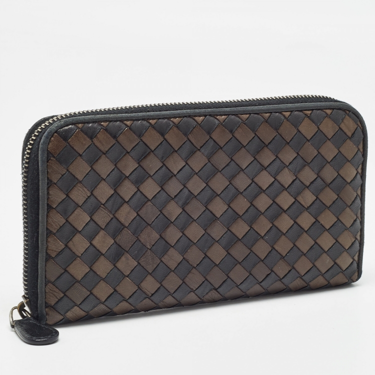 Pre Owned Bottega Veneta Brown/Black Intrecciato Leather Zip Around Wallet
