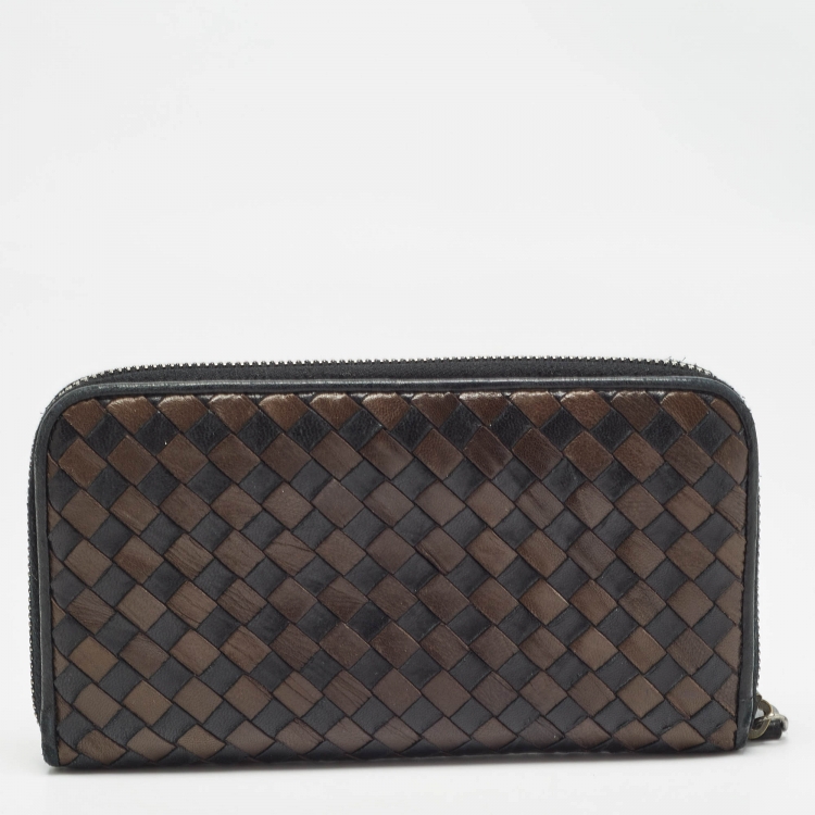 Pre Owned Bottega Veneta Brown/Black Intrecciato Leather Zip Around Wallet