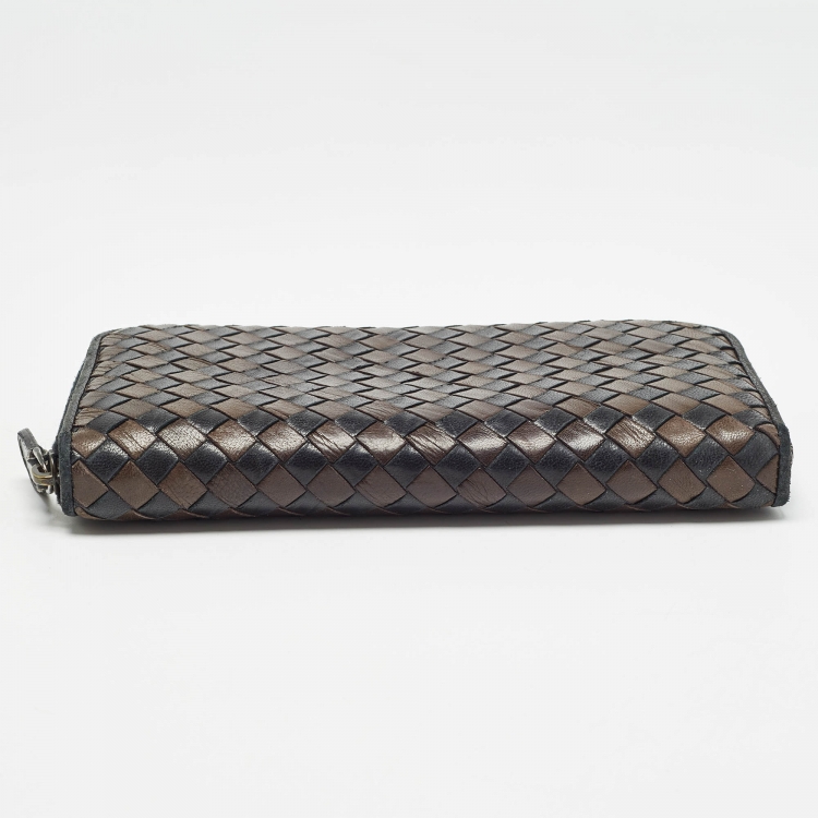 Pre Owned Bottega Veneta Brown/Black Intrecciato Leather Zip Around Wallet